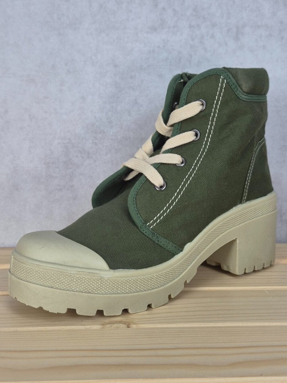 NEW Canvas Army Green Lace up Ankle Boot | Size 7.5-M | On Your Feet
